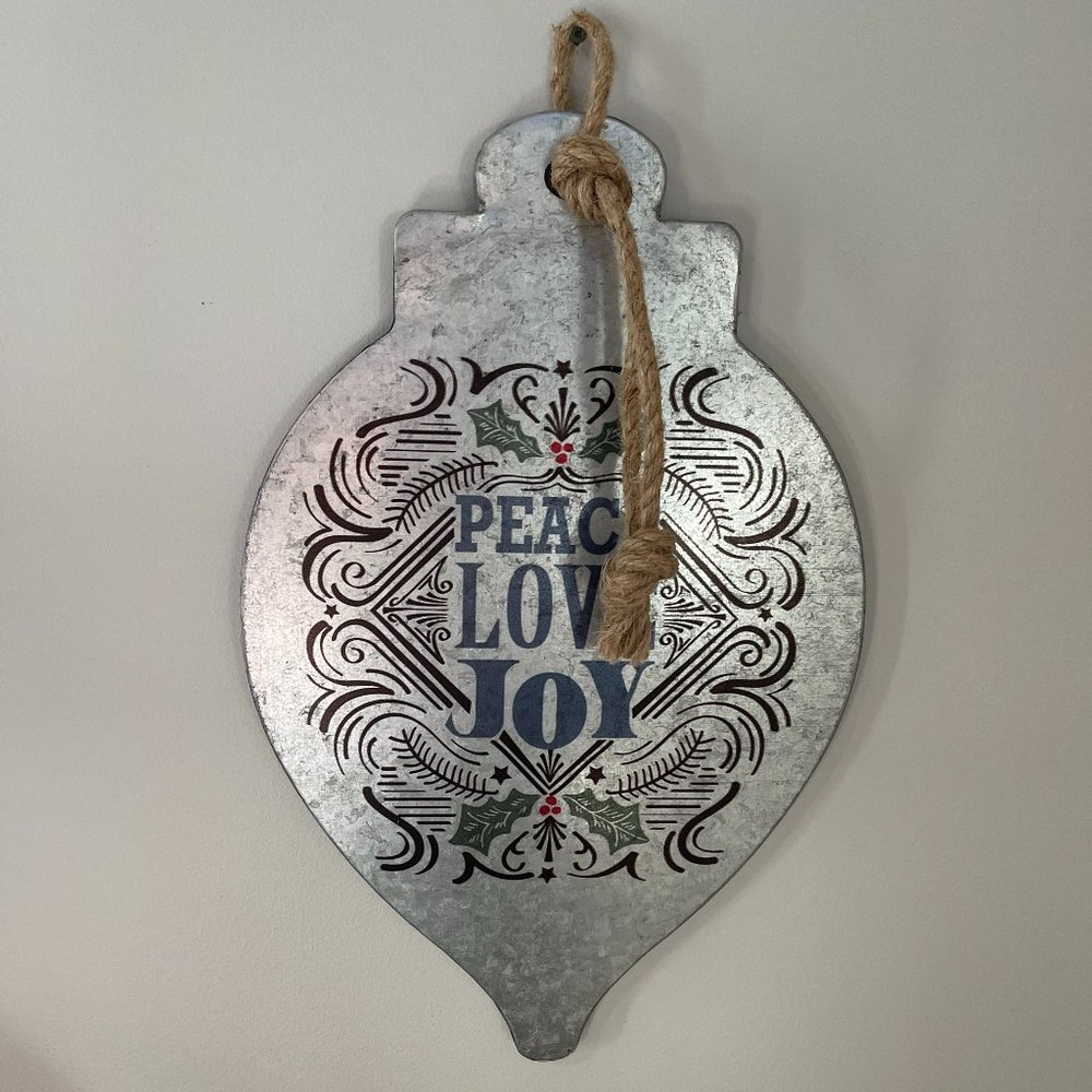 Large Metal Peace, Love, Joy Ornament Sign Large Metal with Rope